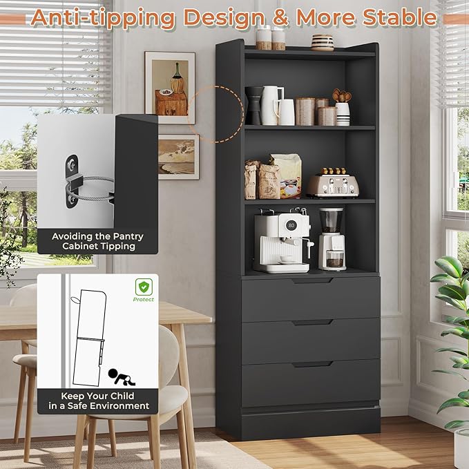 DICTAC Bookcase with 3 Drawers and Shelves 73.23'' Tall Bookshelf with Storage Modern Wood Closet Drawers System,Closet Organizer Unit Freestanding Tall Storage Cabinet for Home Office,Bedroom,Black
