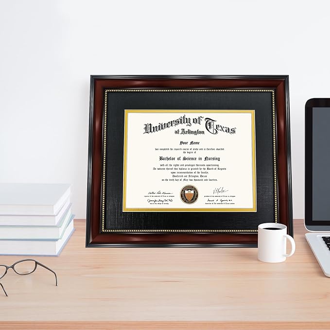 GraduationMall 7x9 Diploma Frame with Black over Gold Mat or Display 10x12 Document without Mat, Tempered Glass, Mahogany with Gold Beads