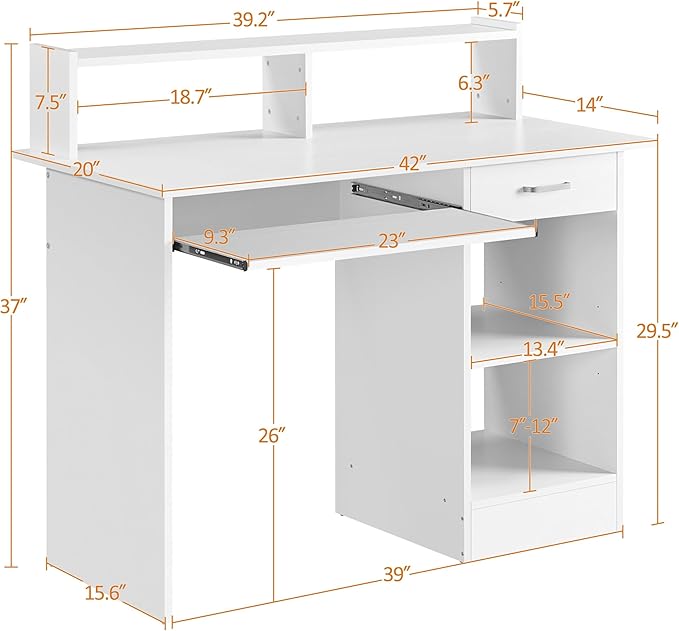 Yaheetech Home Office Wood Computer Desk with Keyboard Tray and Drawers, Students Writing Table with Storage Drawers & Hutch, Modern PC Laptop Desk, Multifunctional Workstation, White