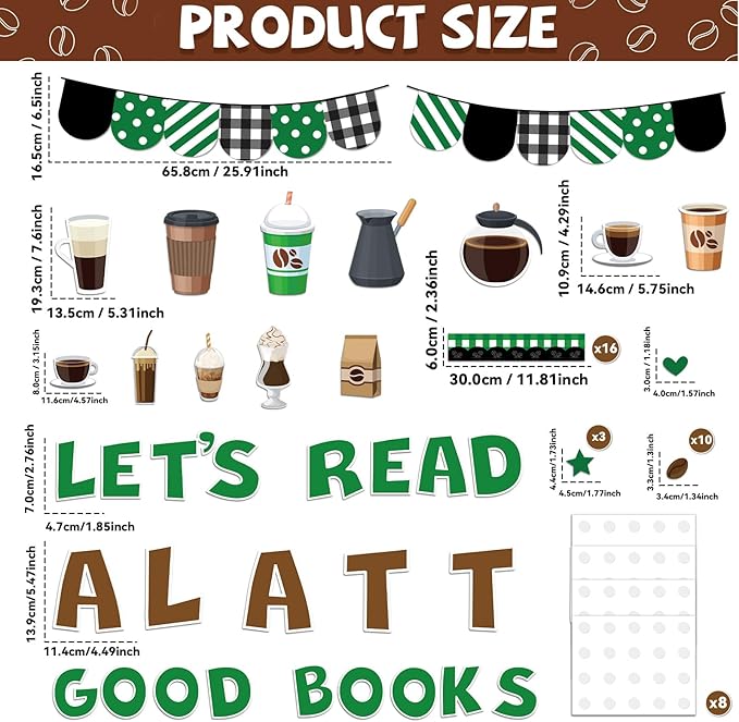 Coffee Bulletin Board Set Coffee Cup Classroom Decoration Latte Paper Cutouts Green Coffeehouse Crafts Teacher's Helper Charts for Back to School Nursery Chalkboard Reading Decor Wall Door