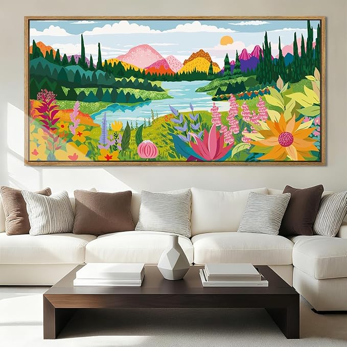 ANHUIB Large Colorful Wildflower Wall Art 20x40 Inch Framed Boho Abstract Floral Wall Decor Forest Woodland Painting Muticolor Mountain Range Illustration for Living Room Dining Room Bedroom