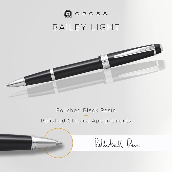 Cross Bailey Light Glossy Black Resin Rollerball Pen - Professional Pen for Effortless Writing - Journaling, Note-Taking & More - Black Ink - Easy Handling - Includes Gift Box