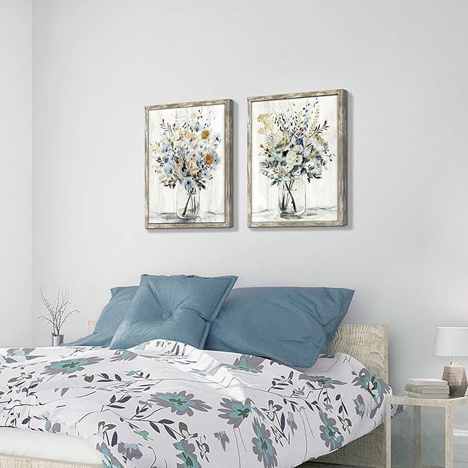 Floral Picture Wall Art Painting: Blossom Bouquet Flowers Print on Rustic Wood and Handcrafted Wooden Framed Artwork for Home and Kitchen (18” x 24” x 2pcs)