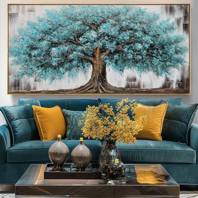 Wall Art Tree of Life Abstract Modern Artwork Blue Teal Tree Canvas Painting for Bedroom Living Room Office Large Decor 60X30in with Framed