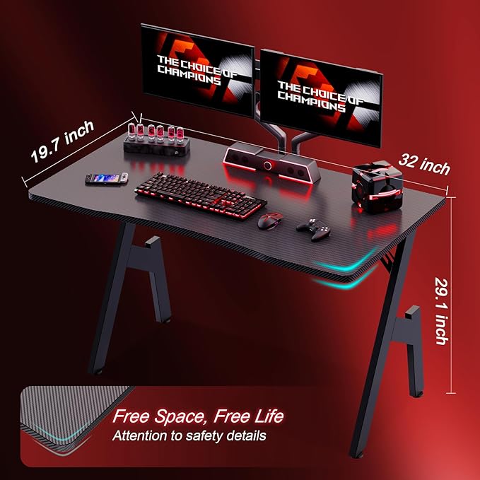 HLDIRECT 32 Inch A-Shaped Gaming Desk with Carbon Fibre Surface - Ergonomic PC Workstation for Home Office & Simple Gaming