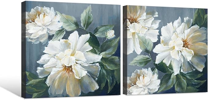 SEVEN WALL ARTS White Flower Canvas Wall Art Blooming Floral Painting Abstract Flowers Navy Blue Pictures Modern Artwork for Living Room Bedroom Bathroom 24"x24"