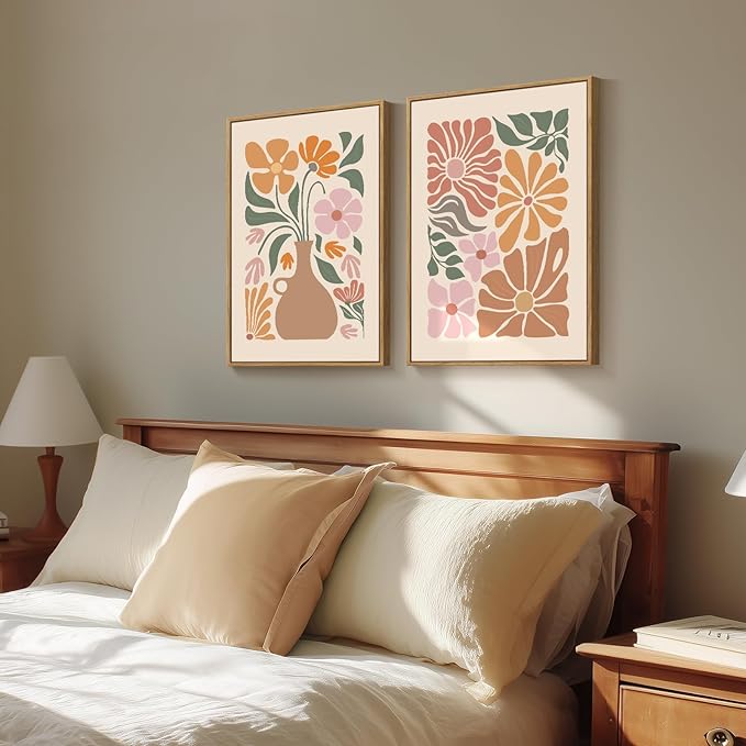 Framed Boho Floral Botanical Wall Art for Room Decor, Set of 2 Abstract Neutral Flower Canvas Print Artwork for Walls, Bohemian Mid Century Modern Wall Decor for Living Room Bedroom Office, 20x30 Inch