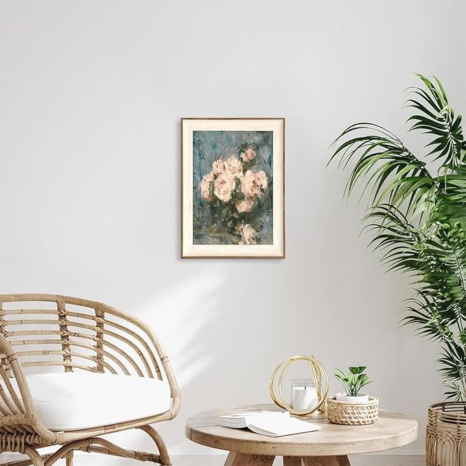 ASTRDECOR Framed Vintage Wall Art for Living Room, Vintage Floral Home Decor Aesthetic, Victorian Pink Rose Bouquet Oil Painting Blue Canvas Wall Art Prints, Antique Flower Pictures Blue Artwork for Living Room-12''x16''