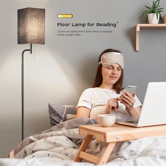Modern Floor Lamp for Living Room, Black, 3 Color Temperatures, Linen Shade, Minimalist Design, Tall Lamp for Reading, Office, Bedroom