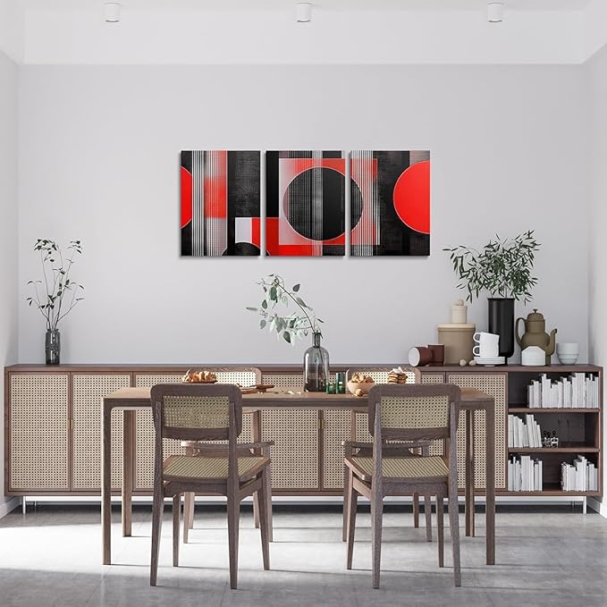 jejeloiu 12"x16"x3pcs Office Decorations Artwork Posters Modern Geometric 3 Piece Canvas Wall Art for Living Room Bedroom Red Abstract Art Picture Wall Decor