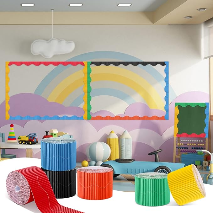 Harloon 6 Pcs 300ft Bulletin Board Borders Bulk Classroom Scalloped Borders Poster Cork Bulletin Board Trim Decor for 100 Day of School Teacher Students Supplies, 6 Colors
