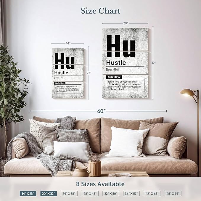 Elephant Stock - Hustle Definition Grunge Wall Art - Vertical Multi Panel Canvas - 3 Piece Living Room Wall Decor - Digital Art Inspirational And Typography Multi Piece Wall Art - Black And Gray Decor - 20" x 32"