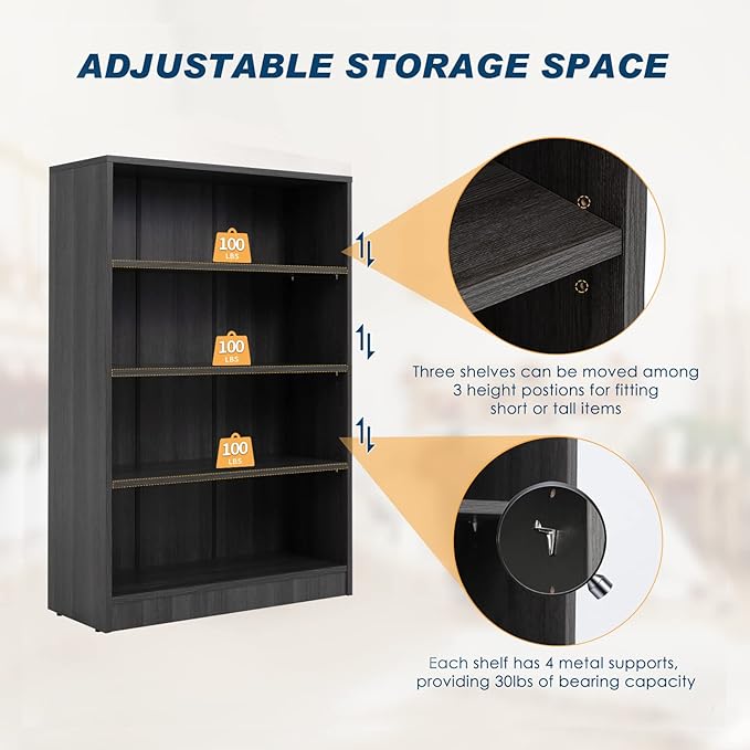 Farini Black Bookshelf for Bedroom 4 Shelf Office Bookcase 48 Inches Tall Modern Wood Bookshelf for Living Room 4 Tier Wide Manga Books