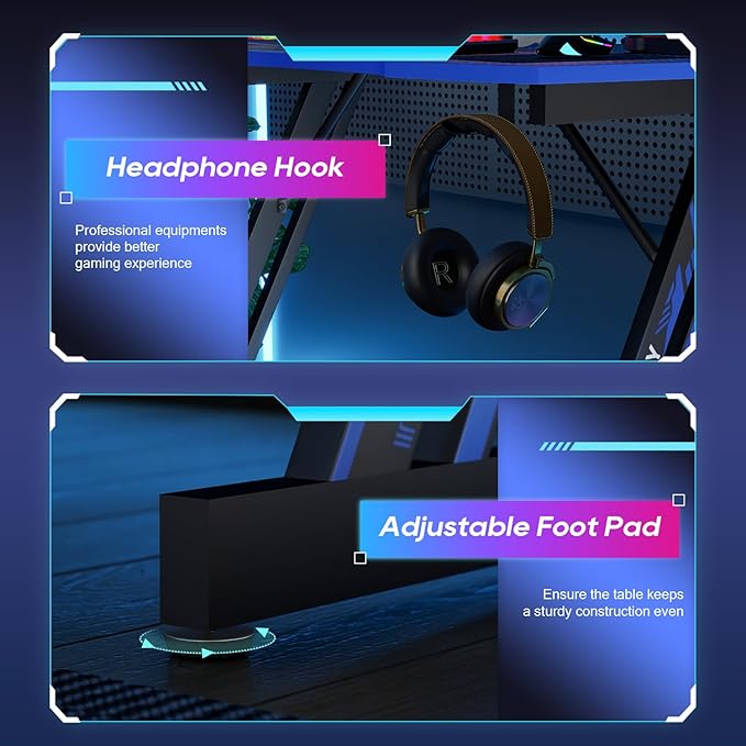 BestOffice Gmaing Desk 35 in PC Computer Desk Z Shaped Gaming Workstation Ergonomic Gaming Table with Headphone Hook for Home Office,Black&Blue