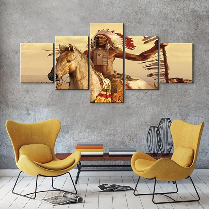 YOUHONG Native American Wall Art | Chief with Horse Design | 5-Panel Set with High-Definition Printing, Ready to Hang for Indian Home Decor, Native American Wall Decor, Size 50" W x 24" H