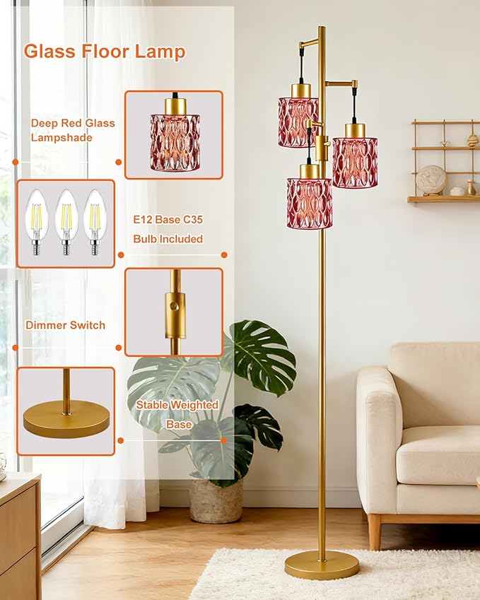 3-Light Floor Lamps for Living Room, Farmhouse Dimmable Gold Floor Lamp with Rose Red Glass Shade& Bulbs Included, Mid Century Standing Tall Lamp for Bedroom/Sofa Beside/Corner
