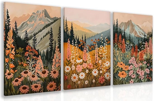 Hianan Boho Daisy Sunset Wall Art, Colorful Mountain Wildflower Wall Decor, Vintage Wildflower Canvas Painting, Modern Botanical Flower Aesthetic Picture for Bedroom Living Room Framed 16"x24"x3