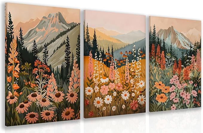 Hianan Boho Daisy Sunset Wall Art, Colorful Mountain Wildflower Wall Decor, Vintage Wildflower Canvas Painting, Modern Botanical Flower Aesthetic Picture for Bedroom Living Room Framed 12"x16"x3