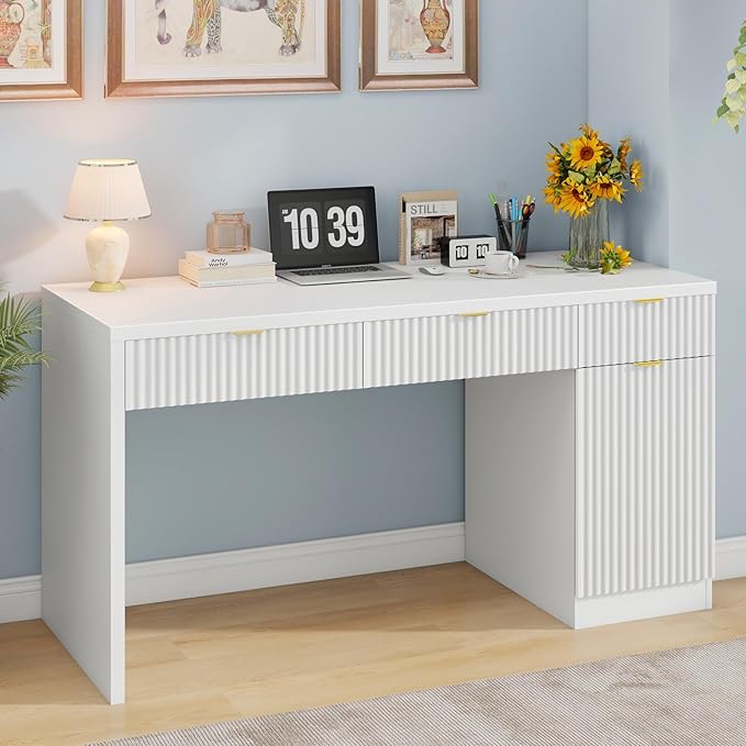60" Executive Desk with Fluted Drawers, Wood Home Office Desk with Storage Cabinet, Fluted Reversible Computer Writing Desk for Study, Living Room,White