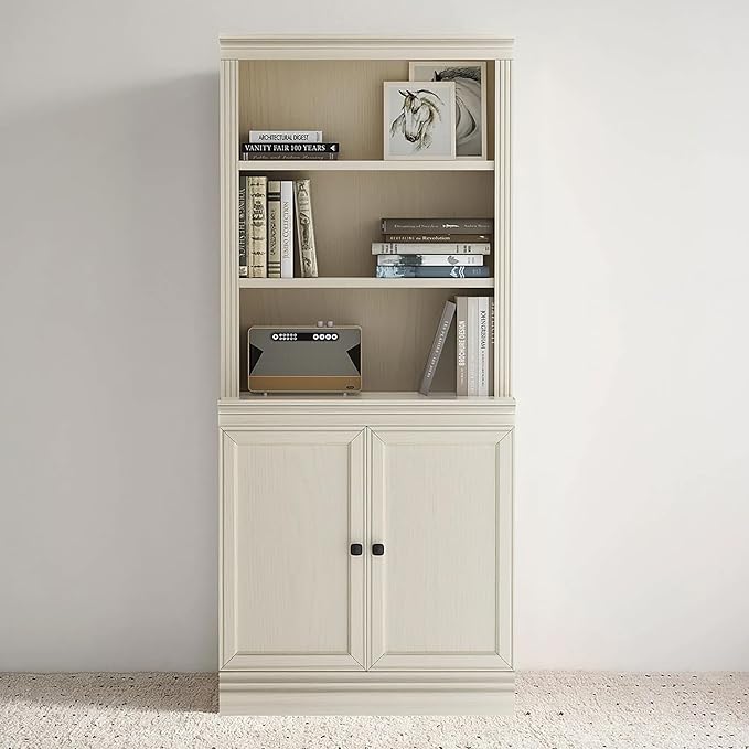 JAHRSTIM Halston Multi-Depth Bookcase, Adjustable Storage Shelving Unit with Doors for Home and Office Space, 31.5”L x 15.75”W x 72.8”H, Cream