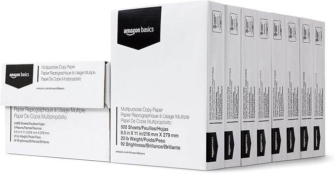 Amazon Basics Multipurpose Copy Printer Paper, 20 lb, 8.5 x 11 Inches, 8 Reams (4,000 Sheets), 92 Bright White, Great for Crisp Ink Printing