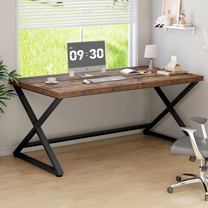IBF Rustic Computer Desk, Farmhouse 60 inch Home Office Desk, Industrial Wood Metal Work Desk for Writing Study, Vintage Minimalist Executive Workstation PC Gaming Table in Bedroom, Rustic Brown