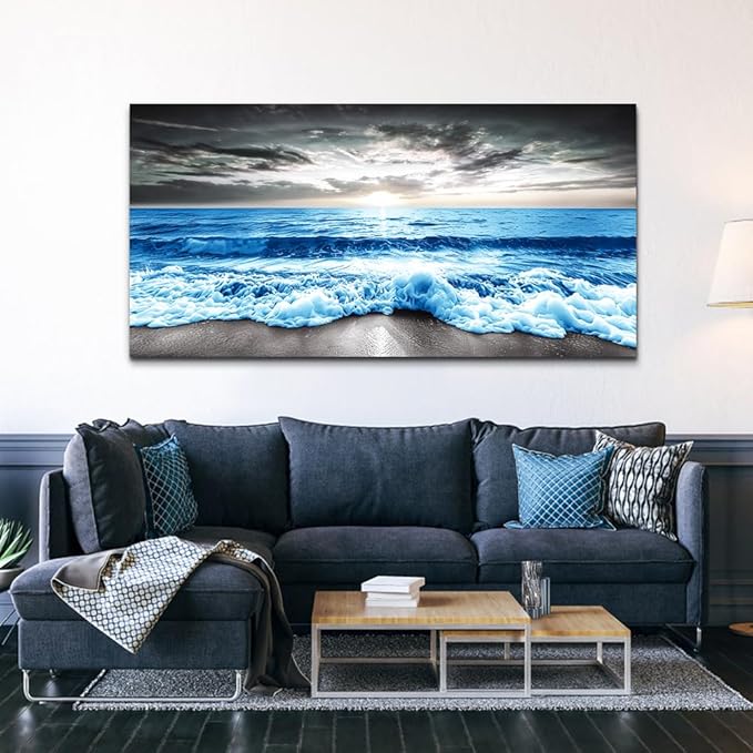 MHARTK66 Wall Art For Living Room Large Wall Decor For Office Modern Bedroom Wall Decor Blue Beach Sun Ocean Landscape Canvas Prints Wall Paintings Seascape Framed Pictures Artwork Home Decor 40x20