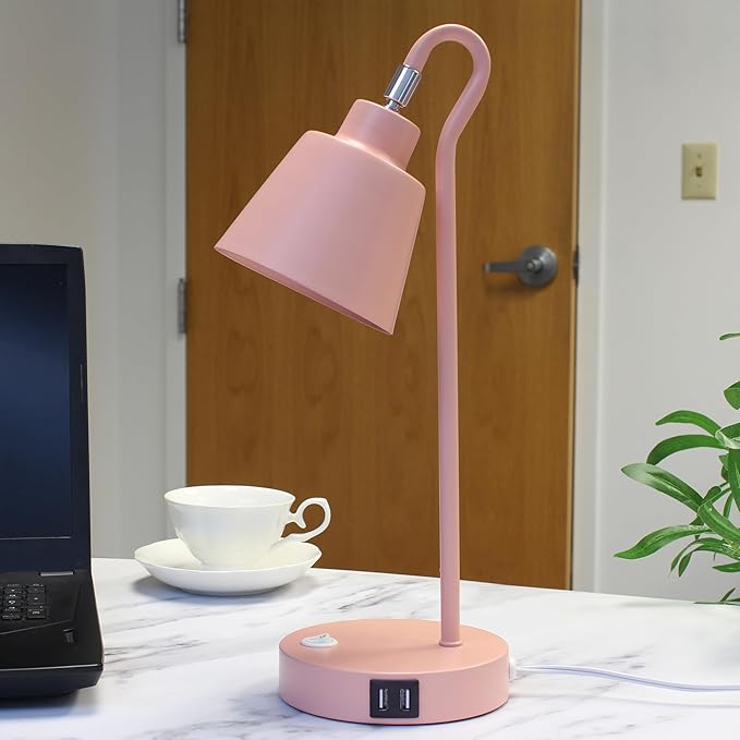 Simple Designs LD1073-BPK 16" Sleek Essentials Metal Looped Desk Task Lamp with Adjustable Shade and Dual USB Ports, for Office, Desk, Nightstand, Blush Pink