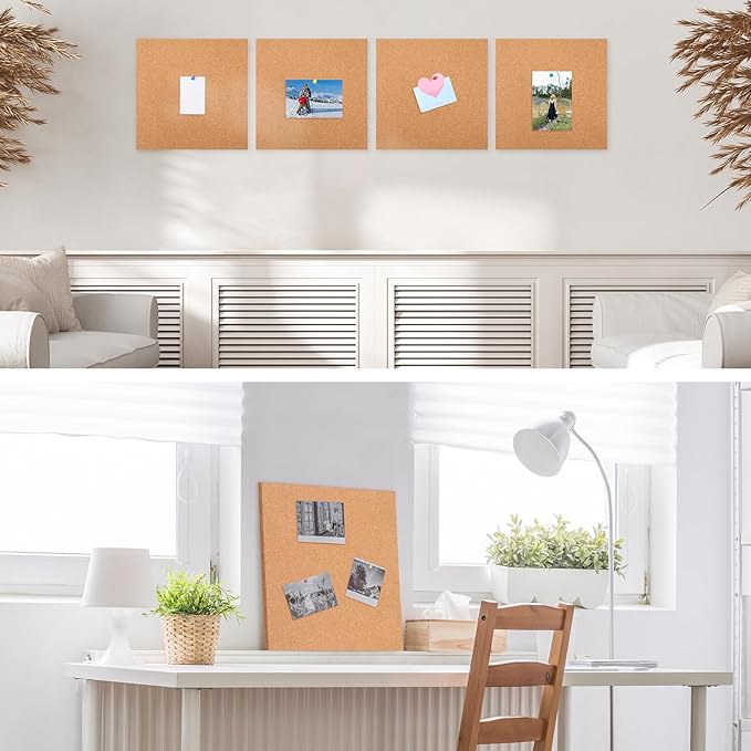 Kosiz 40 Pack Cork Board Square 12" x 12", 1/4" Thick Cork Board Tiles Bulk for Wall Self Adhesive Bulletin Corkboards Tiles Sheet for Wall School Office Home Decoration