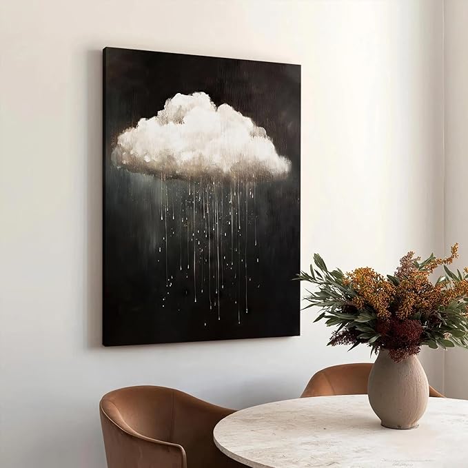 Framed Modern Abstract Canvas Prints Wall Art Vintage Rain Cloud Oil Painting Wall Art White Clouds in The Sky Nature Abstract Minimalist Home Artwork Decoration for Bedroom, Bathroom, Ready to Hang