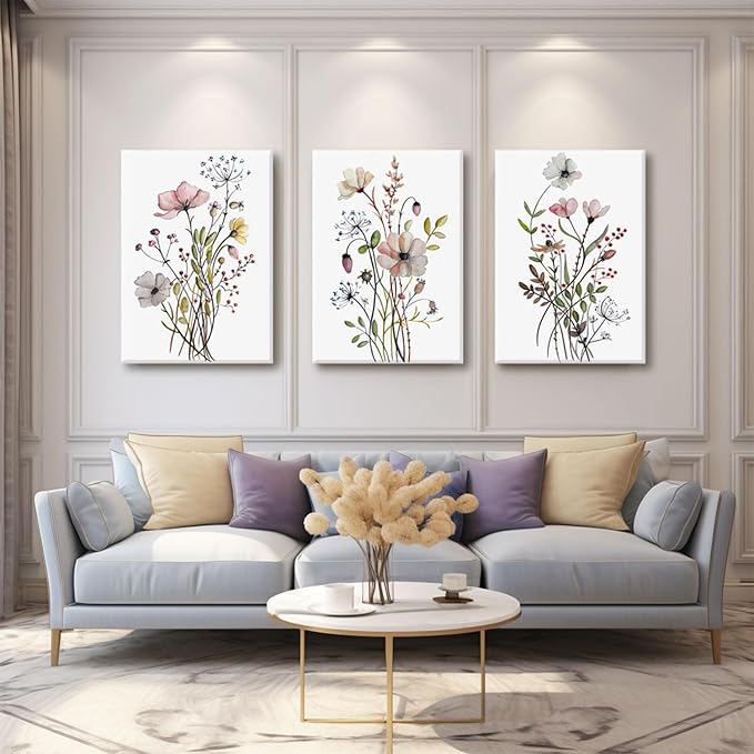 Bwodke Framed Wildflower Canvas Wall Art Pink Watercolor Botanical Floral Poster Prints Set of 3 Modern Minimalist Flower Pictures Home Decor Painting Bedroom Bathroom Living Room 16"x24"
