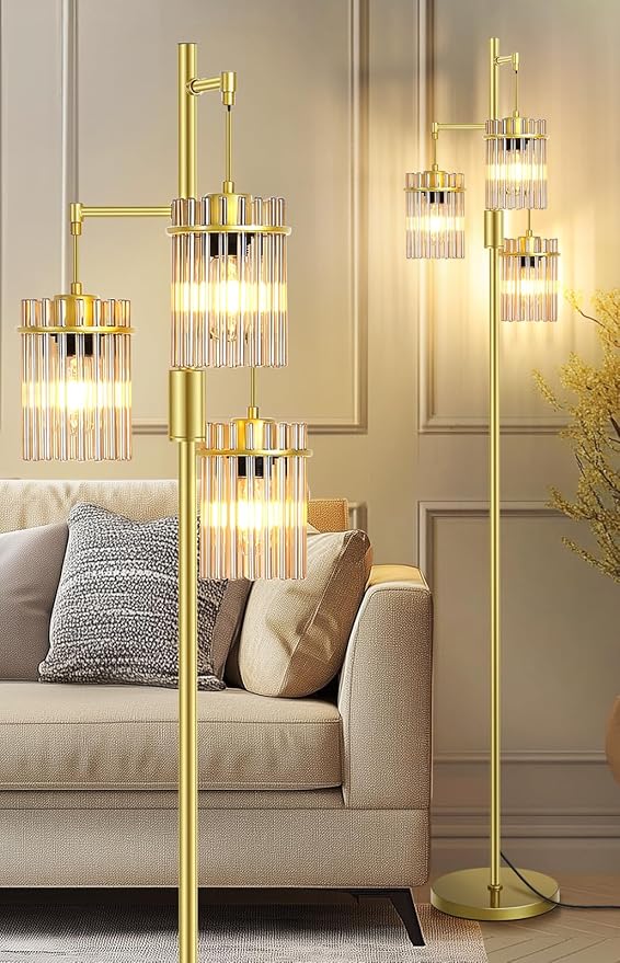 Industrial Modern Floor Lamps for Living Room, Dimmable Glass Tree Standing Tall Lamps with 3 Elegant Teardrop Cage Head & 800 Lumens LED Bulbs for Bedroom Office (65inch Tall)