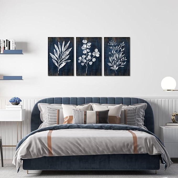 Conipit Navy Blue Botanical Painting Rustic Botanical Wall Art Canvas Abstract Blue White Leaf Plant Artwork Prints Framed For Living Room Bedroom Wall Decor 16''X24''X3pcs