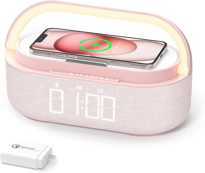 COLSUR Bluetooth Speaker Alarm Clock with Wireless Charger, FM Radio, Adjustable LED Night Light, 6 in 1 Bedroom Portable Speaker 2500mAh, Phone Stand for Bedside, Home, Office, Gift (Pink)
