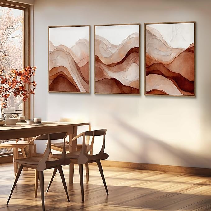 myusuar 3 Piece Large Abstract Framed Wall Art For Living Room, Smoke Texture Ink Warm Brown Terracotta Canvas Wall Art Modern Minimalist Art Prints Wall Décor For Bedroom Office 24x36in