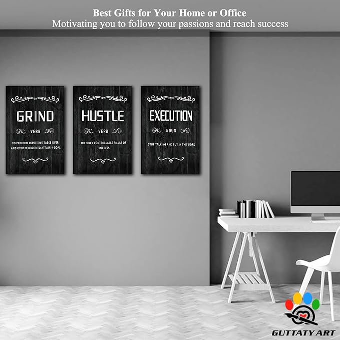 Office Wall Art - 3 Panel Motivational Wall Art, Inspirational Quotes Canvas Art for Home Office Wall Decor, Positive Quotes Wall Decor, Entrepreneur Grind Hustle Execution Poster Frame (24”x36”x3Pcs)