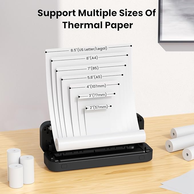 Portable Printer for Travel, Bluetooth Thermal Printer Supports 8.5 x 11 Inch US Letter Size, Compatible with Android and iOS & Laptop Inkless Mobile for Office, Car, School