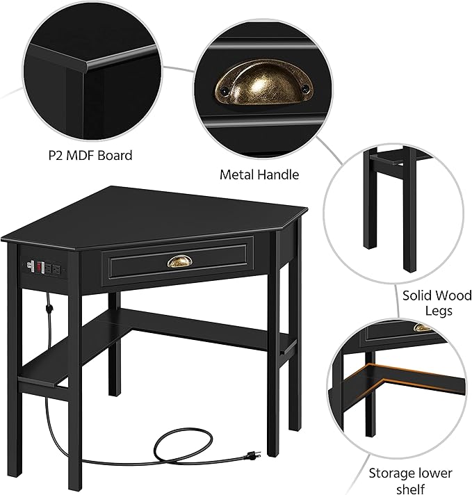 Yaheetech L Shaped Computer Desk Corner Table with Charging Station Outlets for Small Space, 90 Degree Triangle Desk Home Office Table with Drawer and Storage Shelf for Workstation, Living Room, Black
