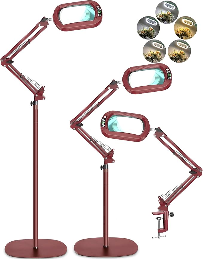 10X Rectangle Magnifying Glass with Light and Stand, 5 * 3 Inch Real Glass 5 Color Modes Stepless Dimmable LED Floor Lamp, 3-in-1 Large Lighted Magnifier for Reading Painting Craft Close Work - Red