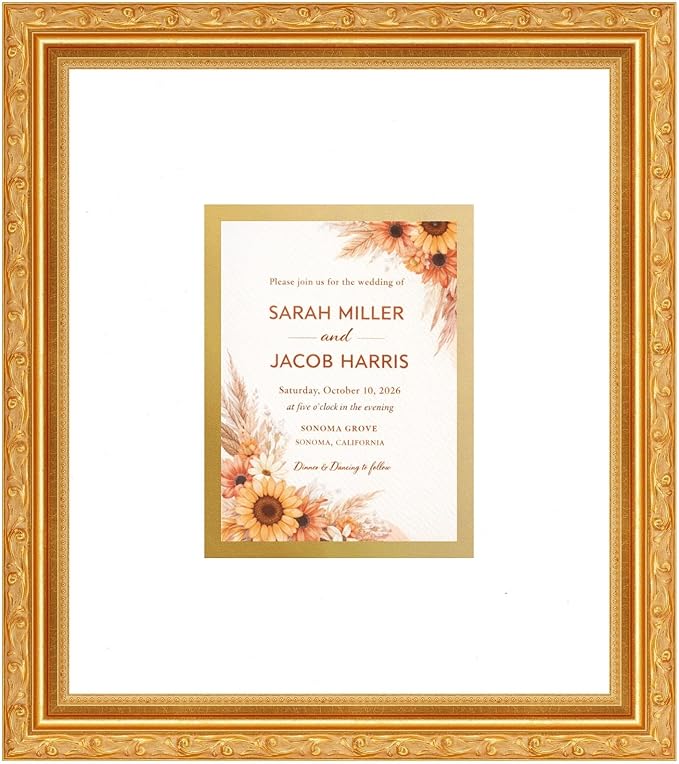 Poster Palooza Wedding Invitation Display Frame 10x11.25 in Gold With White and Metallic Gold Double Mat for 4.25x5.5 A2 Keepsake | USA Made