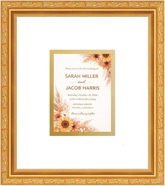 Poster Palooza Wedding Invitation Display Frame 10x11.25 in Gold With White and Metallic Gold Double Mat for 4.25x5.5 A2 Keepsake | USA Made
