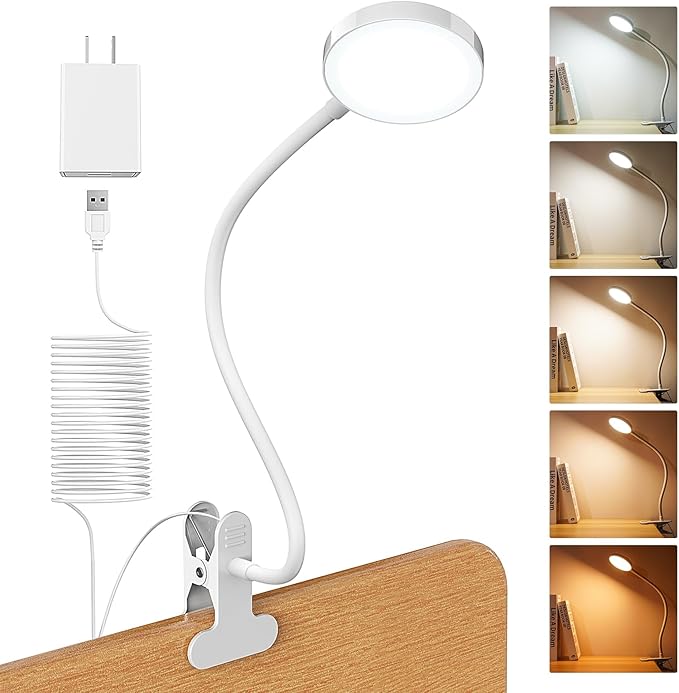 Bed Lamp Clip on Light 8W 66 LED Reading Light for Bed, 5 Colors 10 Brightness Dimmable, Eye Caring Metal Reading Lamp, Clip lamp for Bed Headboard Desk Home Office Dorm(White)
