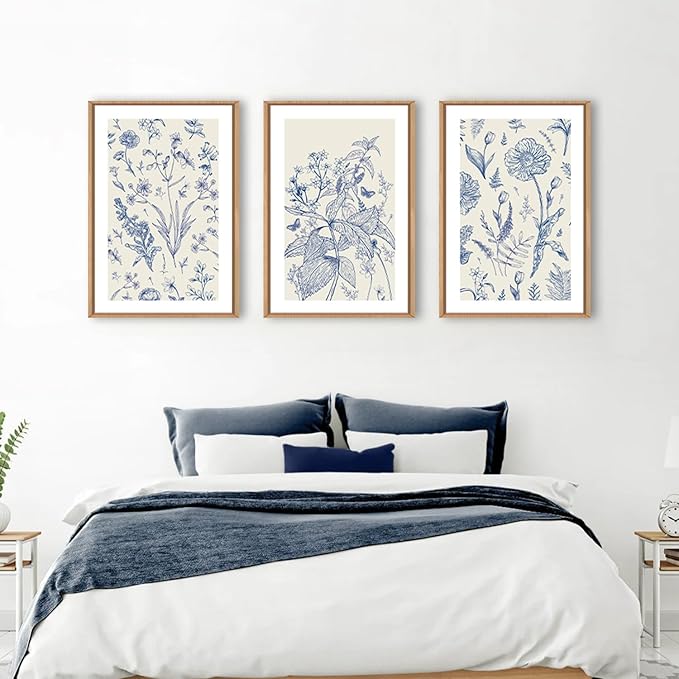 KAIRNE Blue and White Floral Wall Art Set of 3, Chinoiserie Framed Canvas Art Prints, Navy Watercolor Botanical Flower Painting, Wildflower Decor for Living Room, Bedroom, Bathroom, Home - 24x36Inch