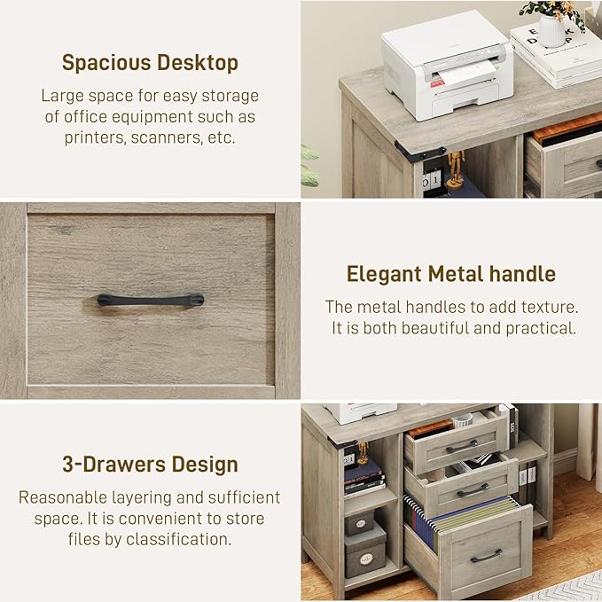 Farmhouse File Cabinet, Lateral Filing Cabinet with 3 Drawers for Letter/A4 Size Hanging Files, Large Wooden Printer Stand with Adjustable Shelves for Home Office, Rustic Grey