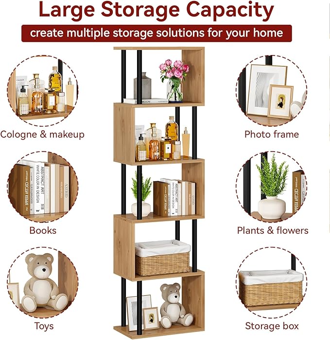 IBUYKE 6-Tier Tall Bookshelf,S-Shaped Geometric Bookcase, Wood Display Shelves with Storage,Modern Bookshelf for Living Room Bedroom, Home Office,Oak WBC016K