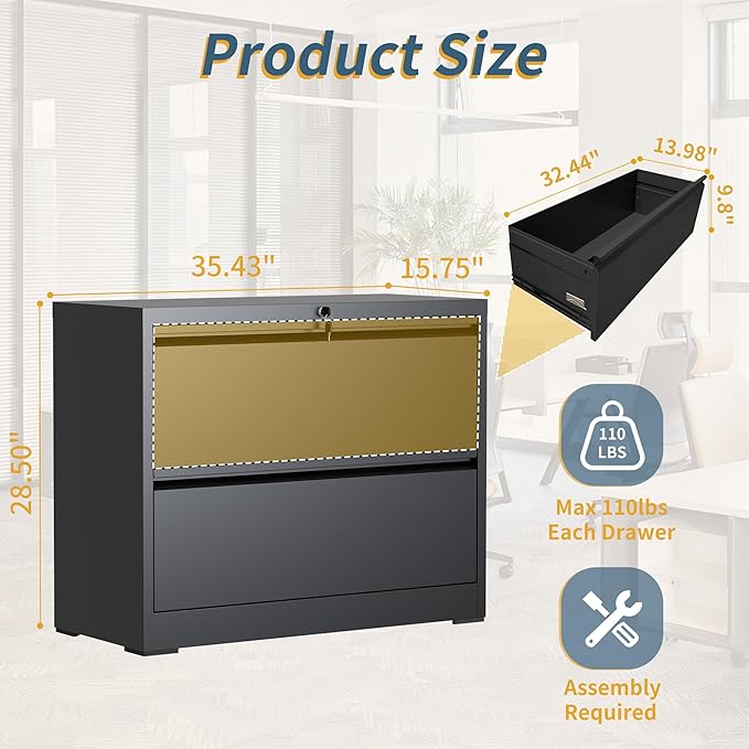 2 Drawer File Cabinet with Lock, Lateral Filing Cabinets,Metal Storage Filing Cabinets for Home Office, Heavy Duty File Cabinet for Letter/Legal/A4/F4 Size Amsseble Required, Black