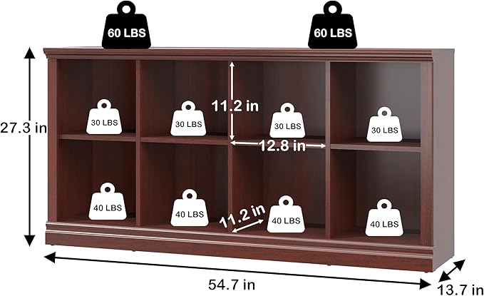 8 Cube Storage Organizer Bookcase - 2 Tiers 8 Storage Cube Adjustable Space Book Case, Display Cabinet Organizer, 54.7 inch Width Horizontal Bookshelf for Home Library Office, Mahogany
