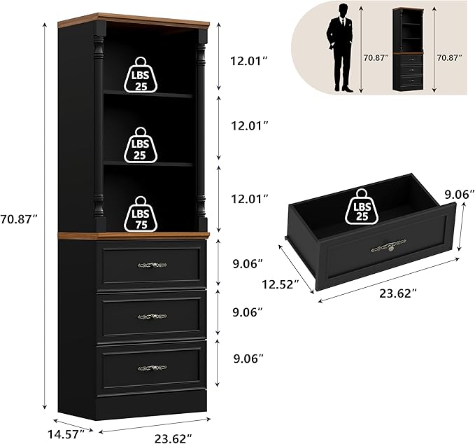 71'' Tall Bookshelf with 3 Drawers, Bookcase Storage Cabinets with 3-Tier Adjustable Shelves, Wooden Deep Book Shelf Kitchen Pantry for Living Room, Office, Bathroom, Black