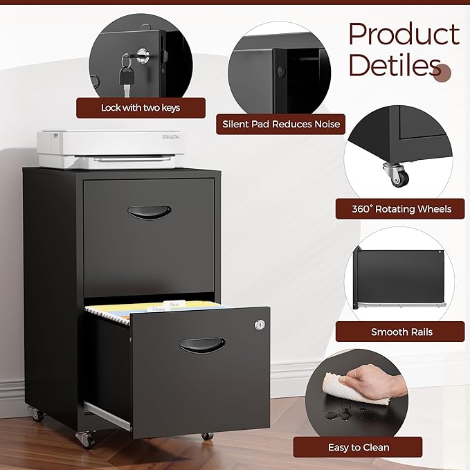2 Drawer Mobile File Cabinet with Lock, Black Metal Filing Cabinets with Wheels, Vertical Rolling File Cabinet Fit Hanging Files, Letter and A4 Documents