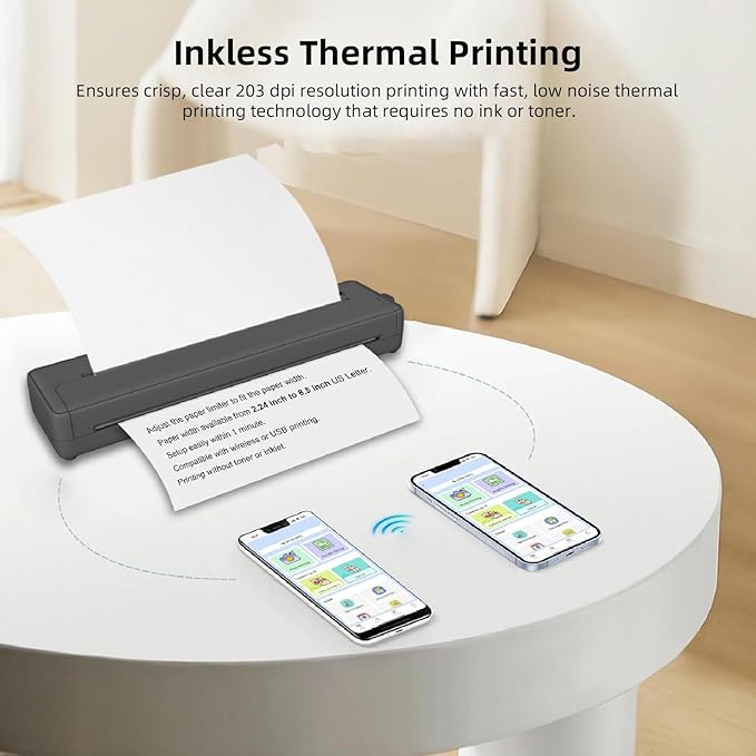 Walfront Thermal Printer Thermal Label Printer A4 203DPI Innovative Inkless Printing Portable for Travel Bluetooth Support 8.5 x 11 US Letter A4 Size for Home and Office (Black)